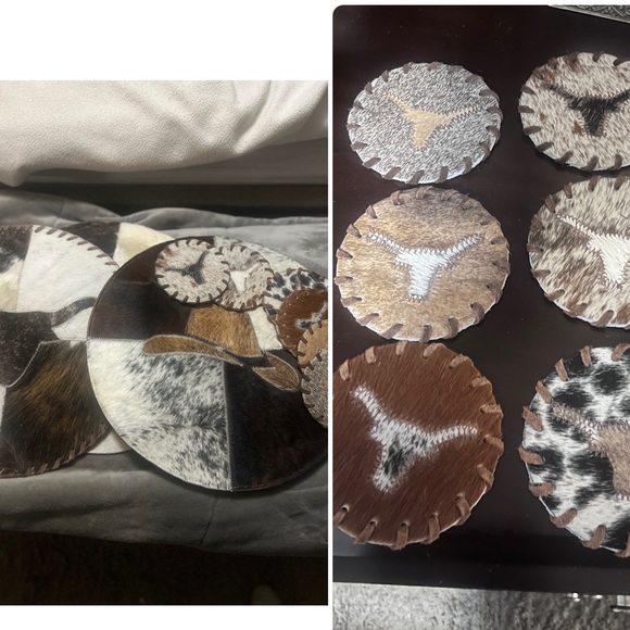 New Cowhide Patchwork Coasters Set and 3 placemats earth tones - Picture 2 of 9
